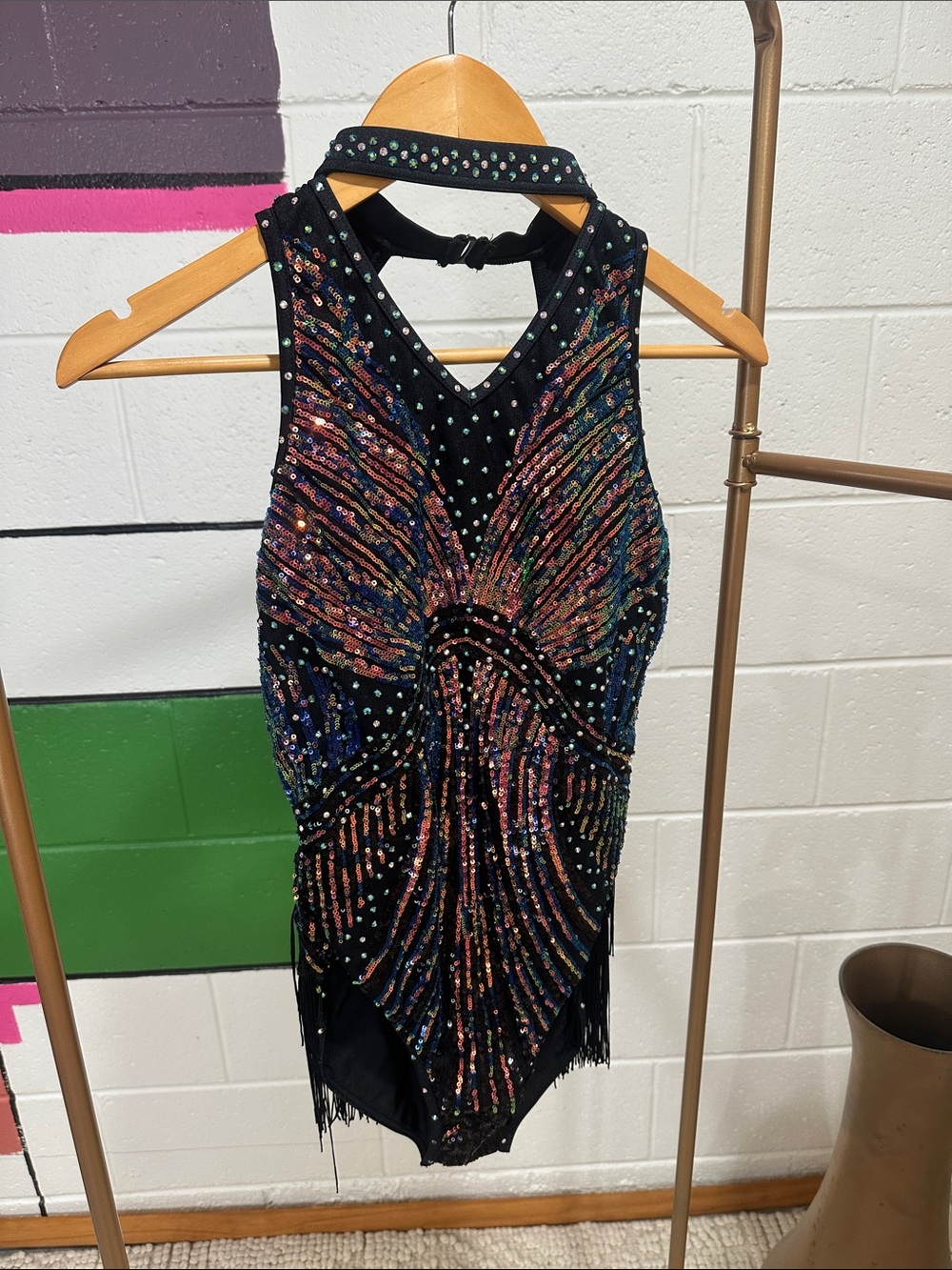 Black Sequin Halter Dance Leotard with Multicolor Beading